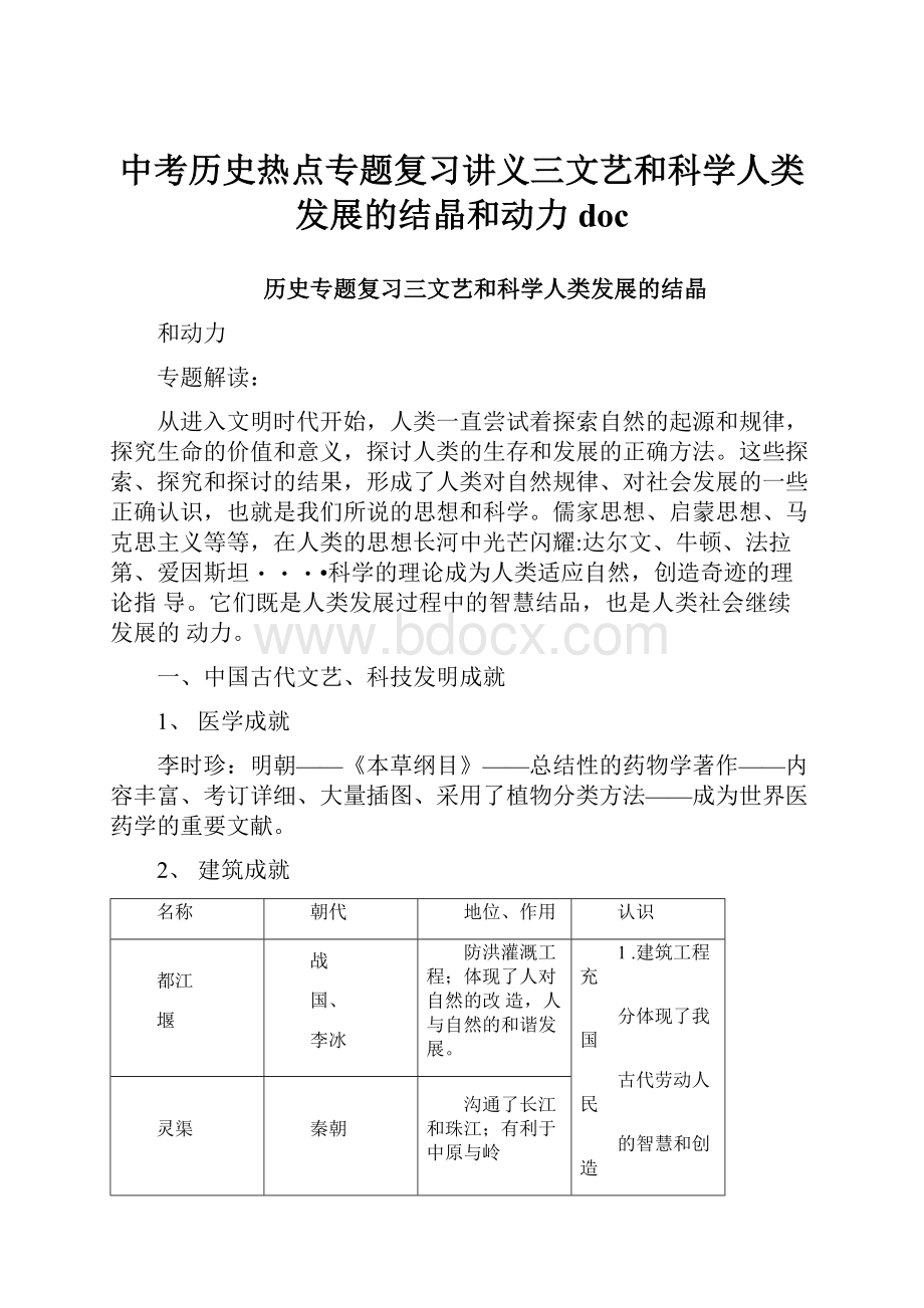 中考历史热点专题复习讲义三文艺和科学人类发展的结晶和动力doc.docx_第1页