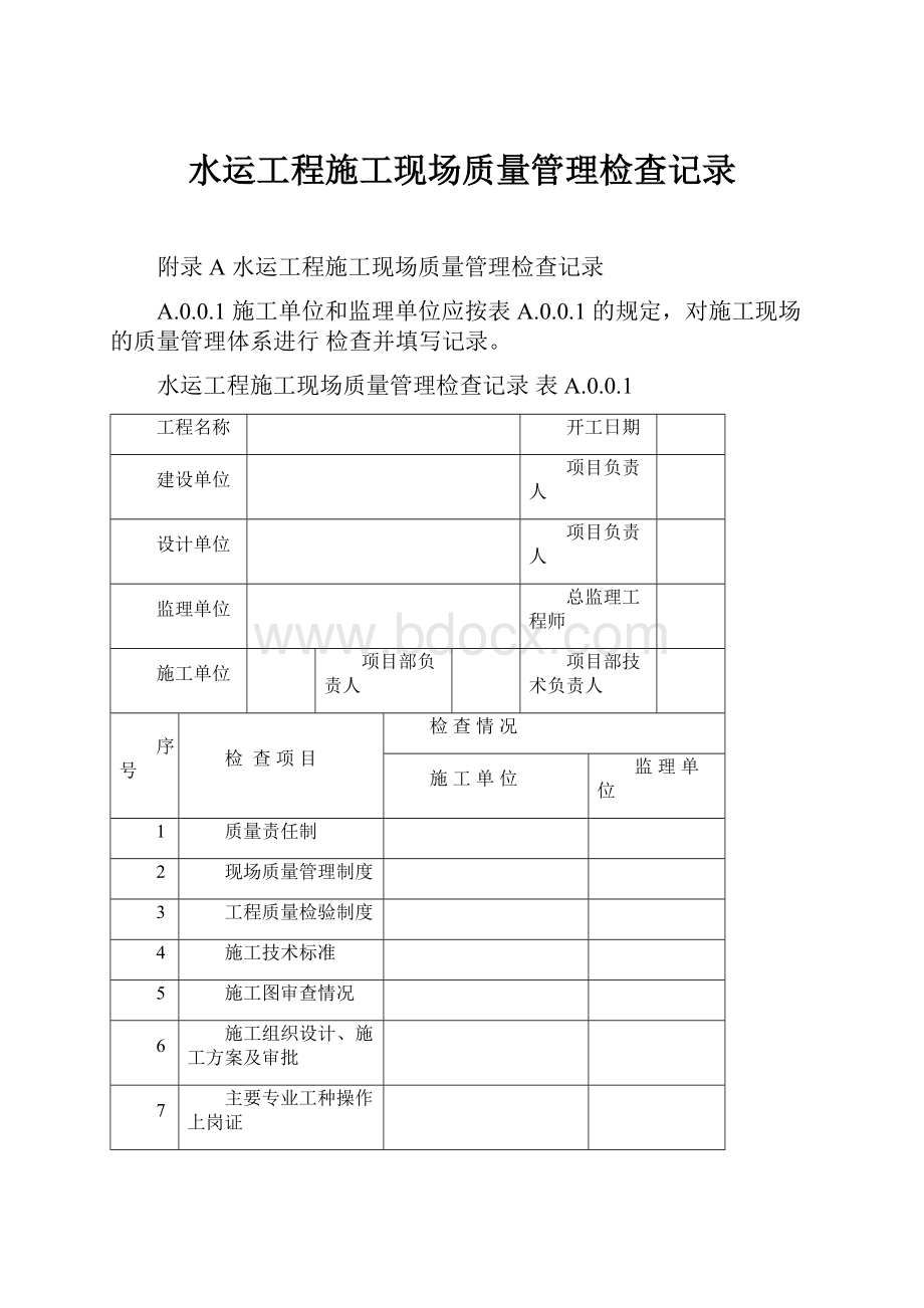 水运工程施工现场质量管理检查记录.docx_第1页