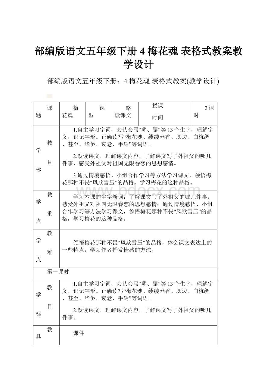 部编版语文五年级下册4 梅花魂 表格式教案教学设计.docx_第1页