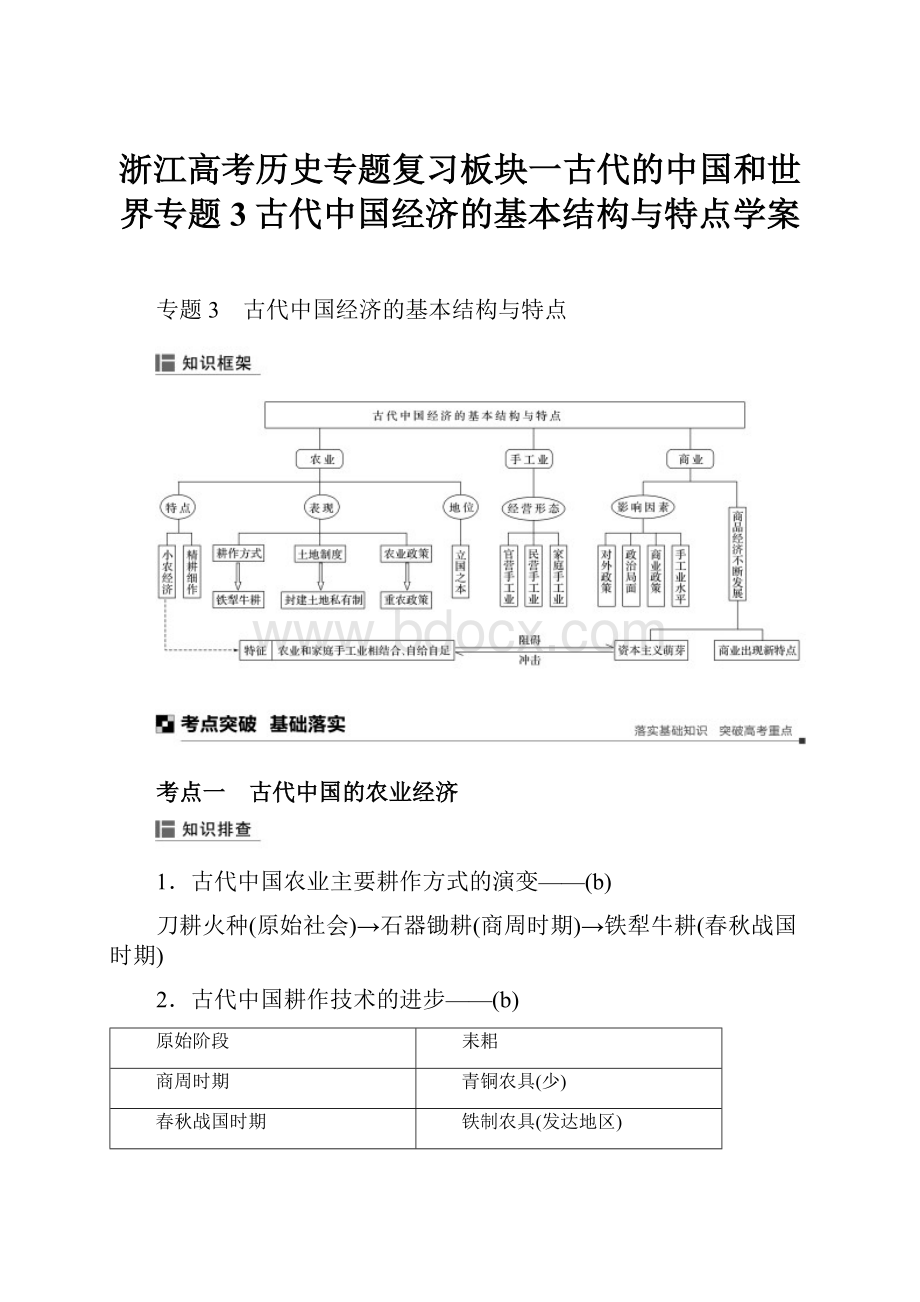 浙江高考历史专题复习板块一古代的中国和世界专题3古代中国经济的基本结构与特点学案.docx