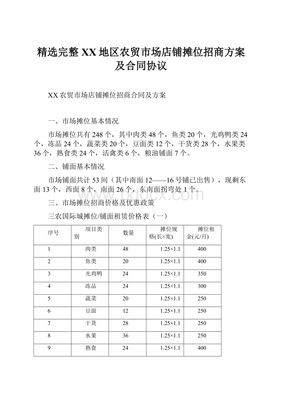 精选完整XX地区农贸市场店铺摊位招商方案及合同协议.docx