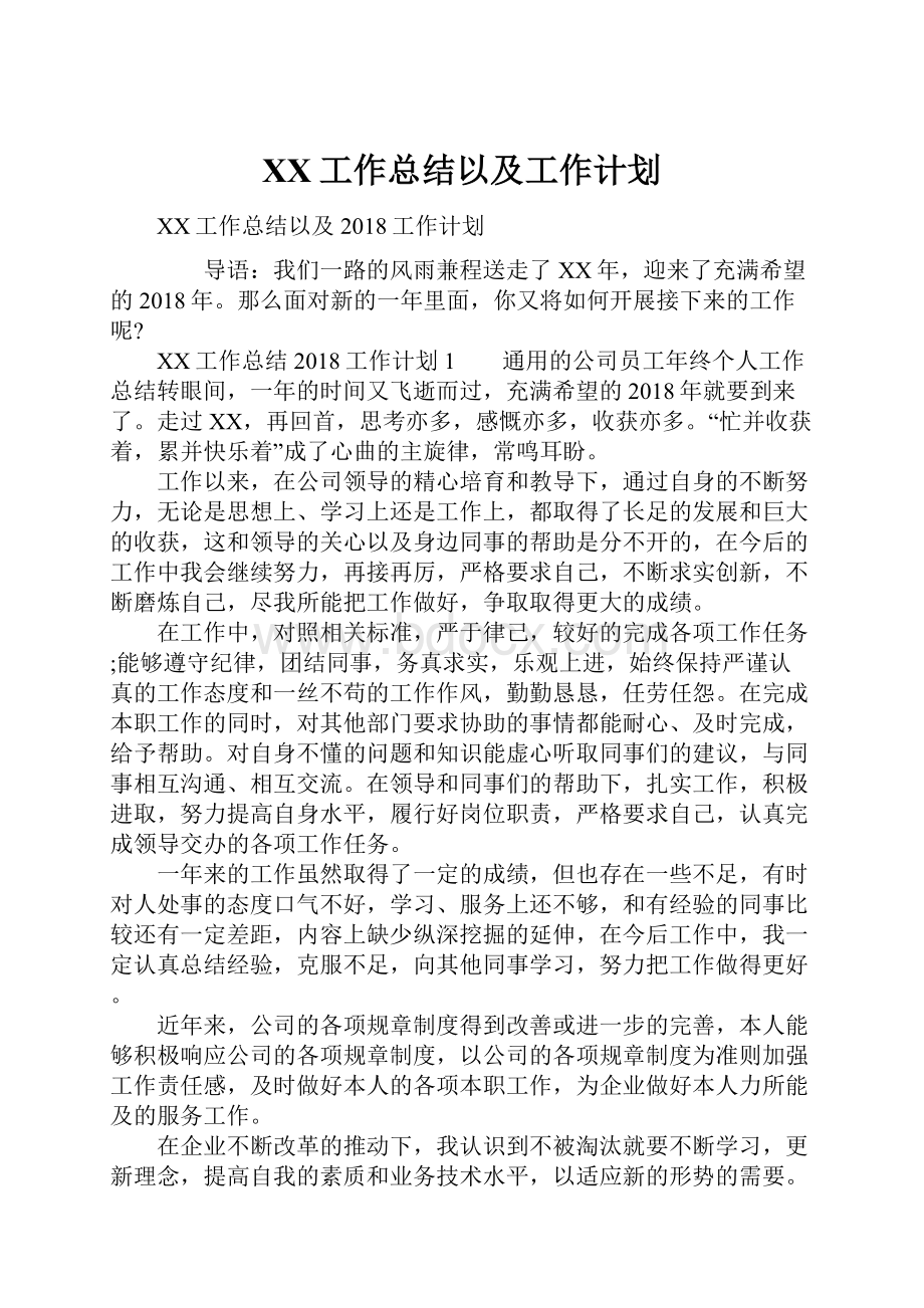 XX工作总结以及工作计划.docx