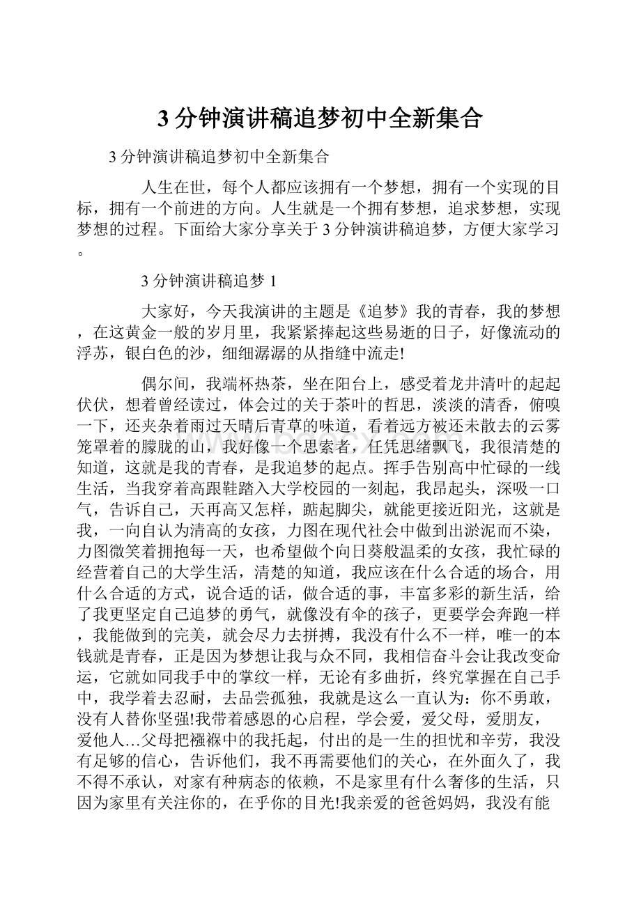 3分钟演讲稿追梦初中全新集合.docx