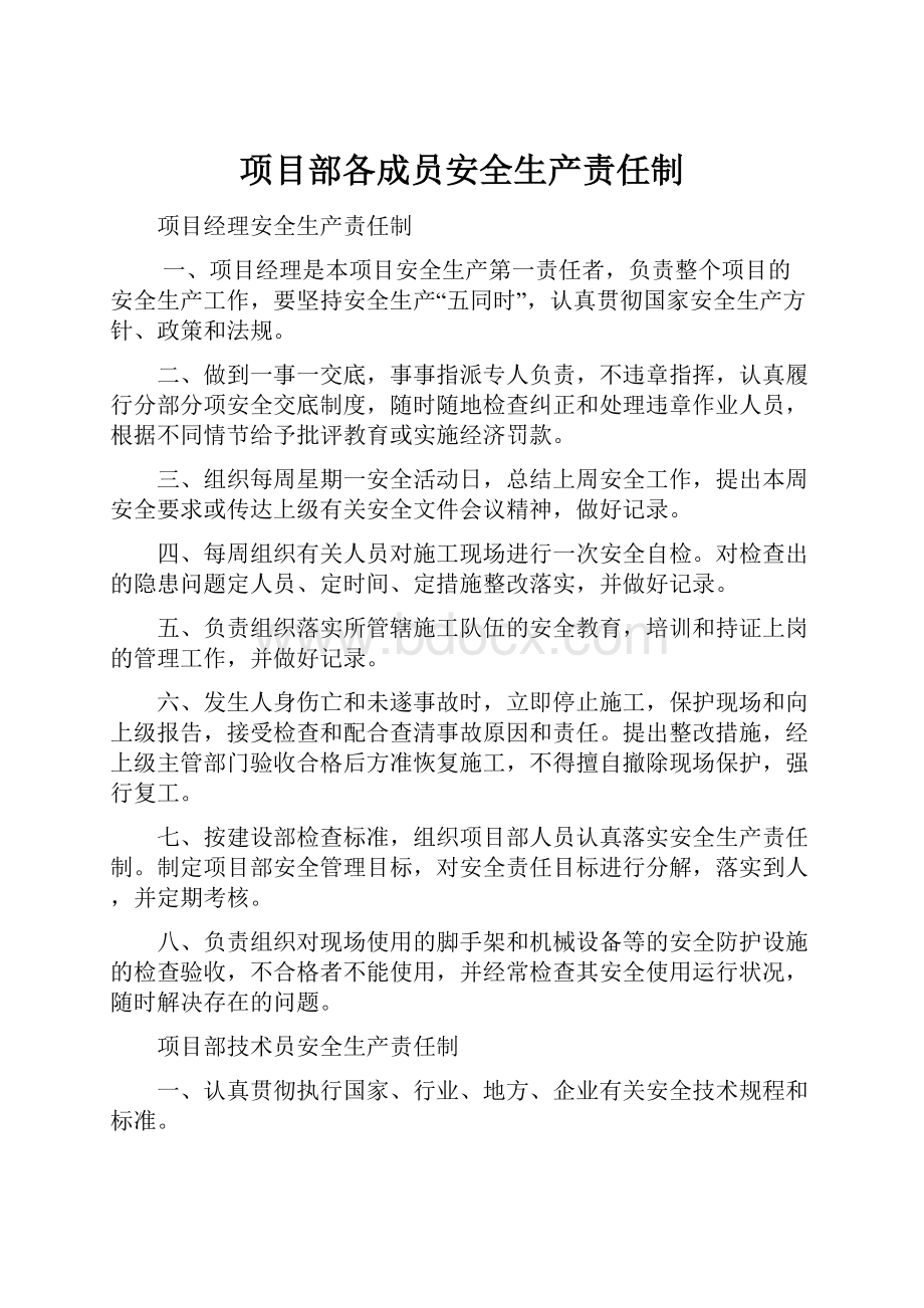 项目部各成员安全生产责任制.docx_第1页