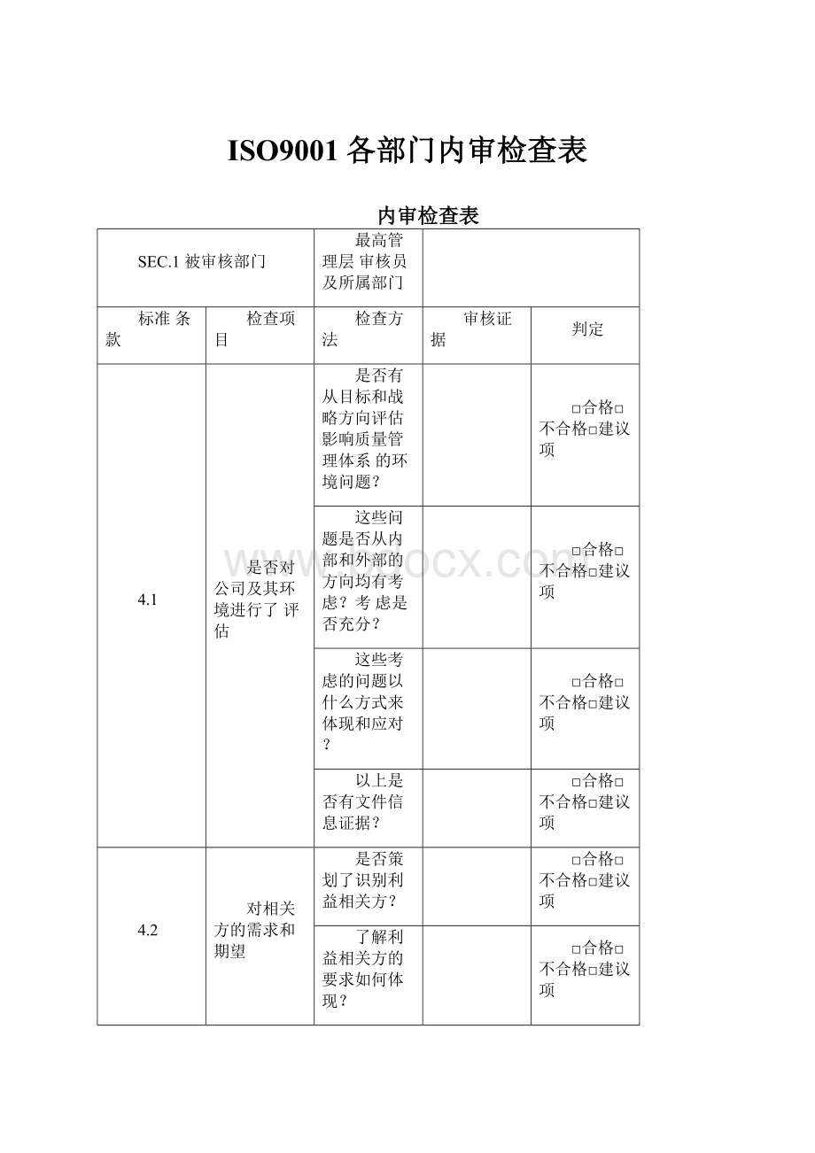 ISO9001各部门内审检查表.docx_第1页