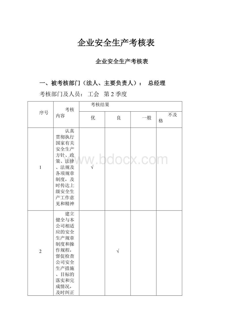 企业安全生产考核表.docx