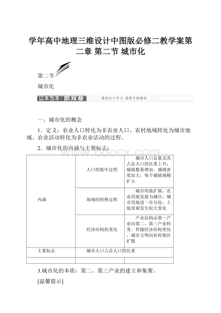 学年高中地理三维设计中图版必修二教学案第二章 第二节 城市化.docx_第1页