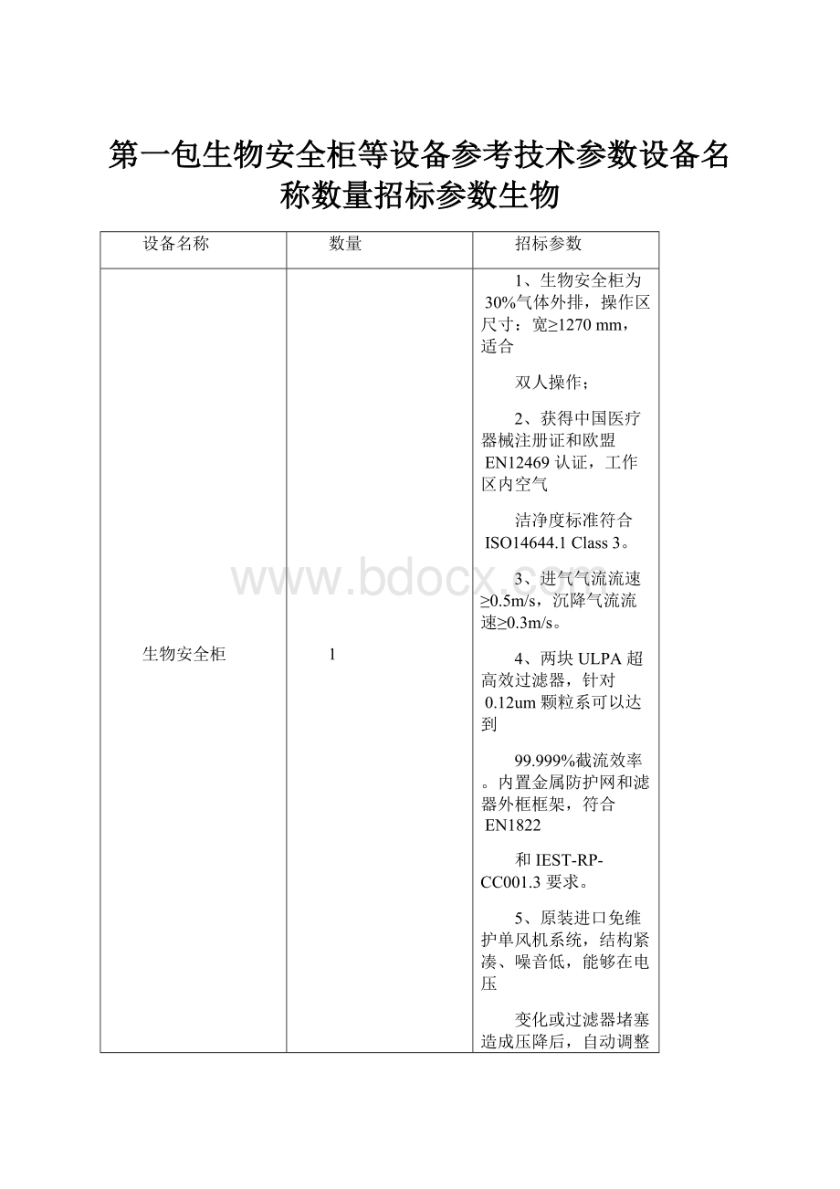 第一包生物安全柜等设备参考技术参数设备名称数量招标参数生物.docx