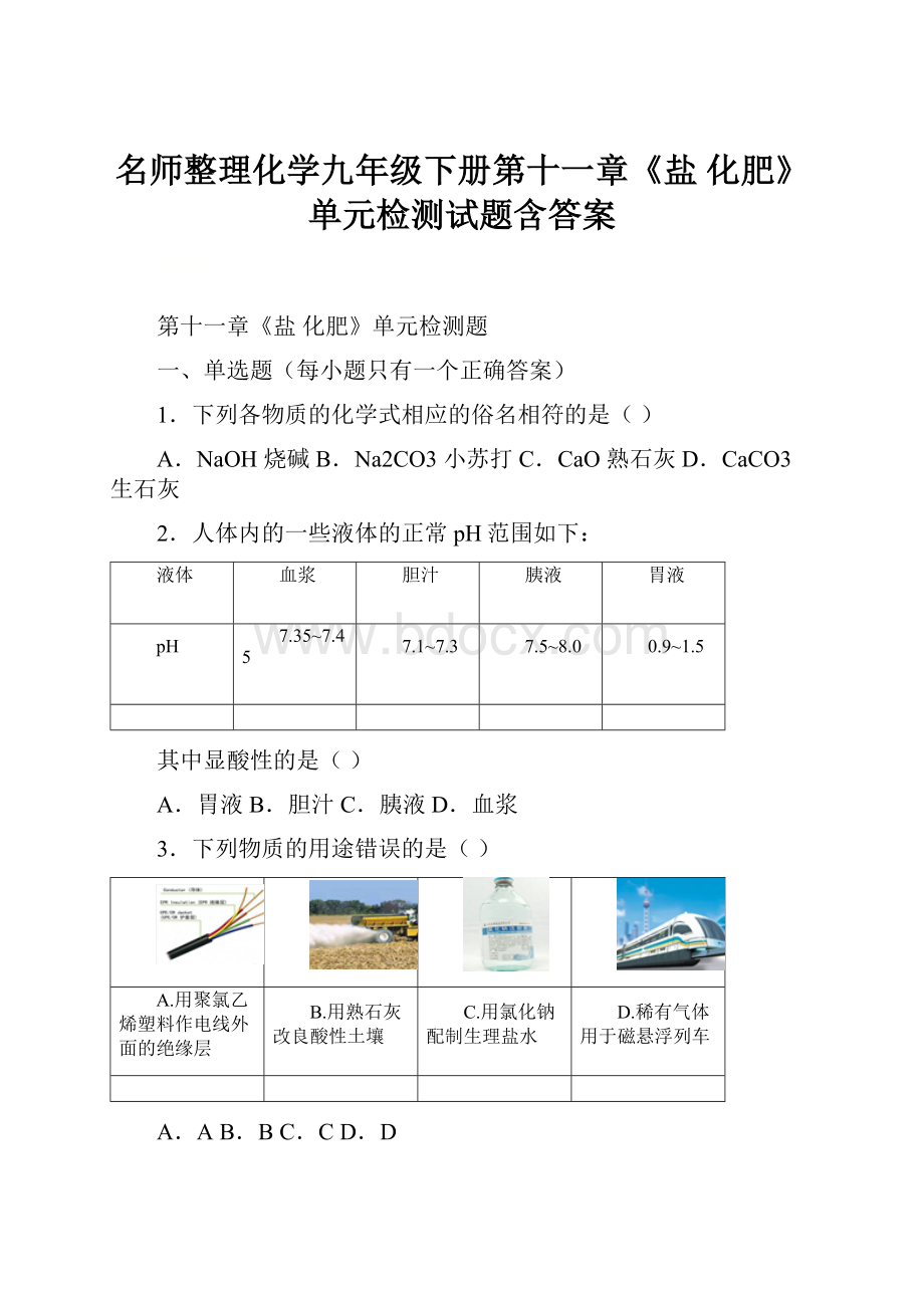 名师整理化学九年级下册第十一章《盐 化肥》单元检测试题含答案.docx