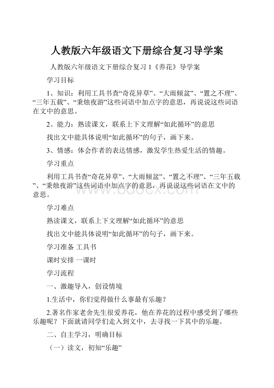 人教版六年级语文下册综合复习导学案.docx