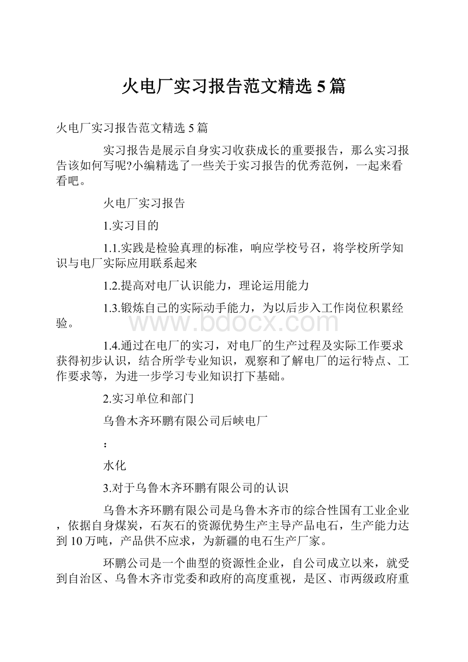 火电厂实习报告范文精选5篇.docx_第1页