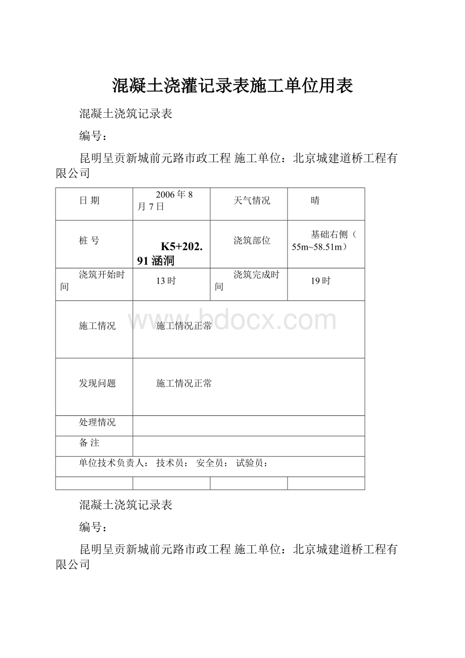 混凝土浇灌记录表施工单位用表.docx_第1页