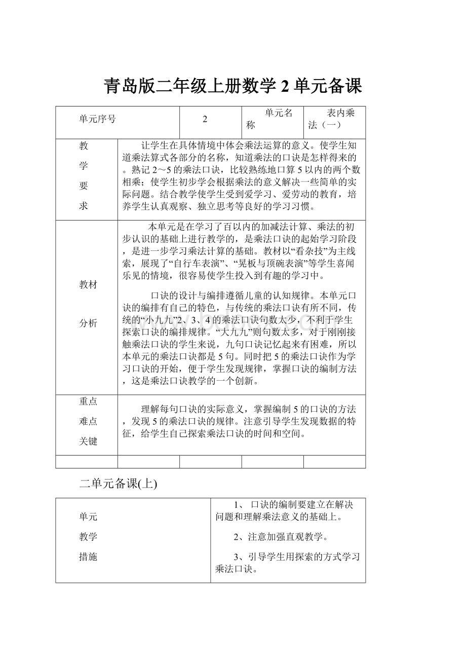 青岛版二年级上册数学2单元备课.docx