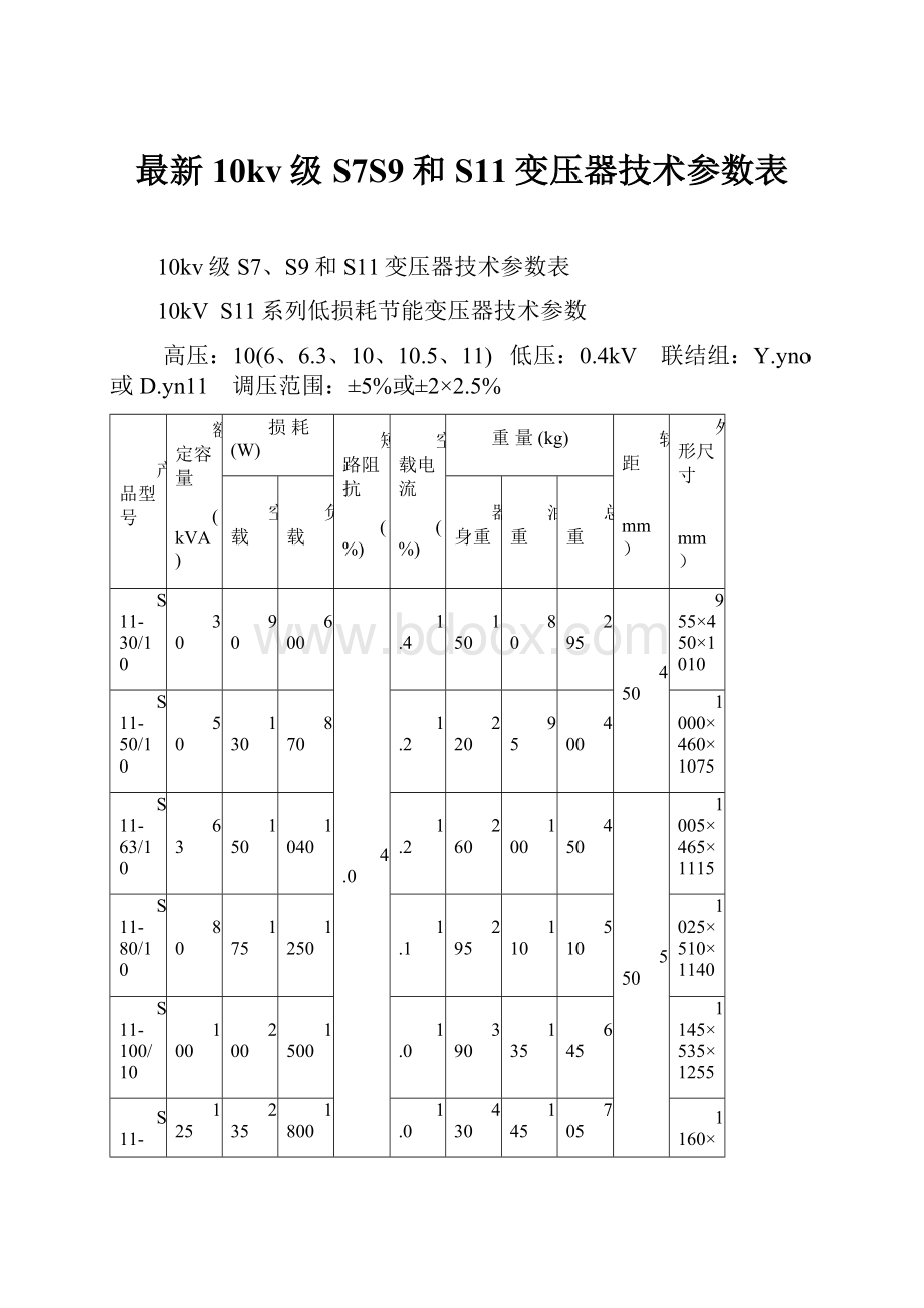 最新10kv级S7S9和S11变压器技术参数表.docx