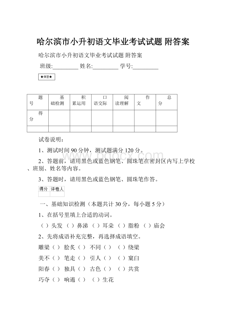 哈尔滨市小升初语文毕业考试试题 附答案.docx_第1页