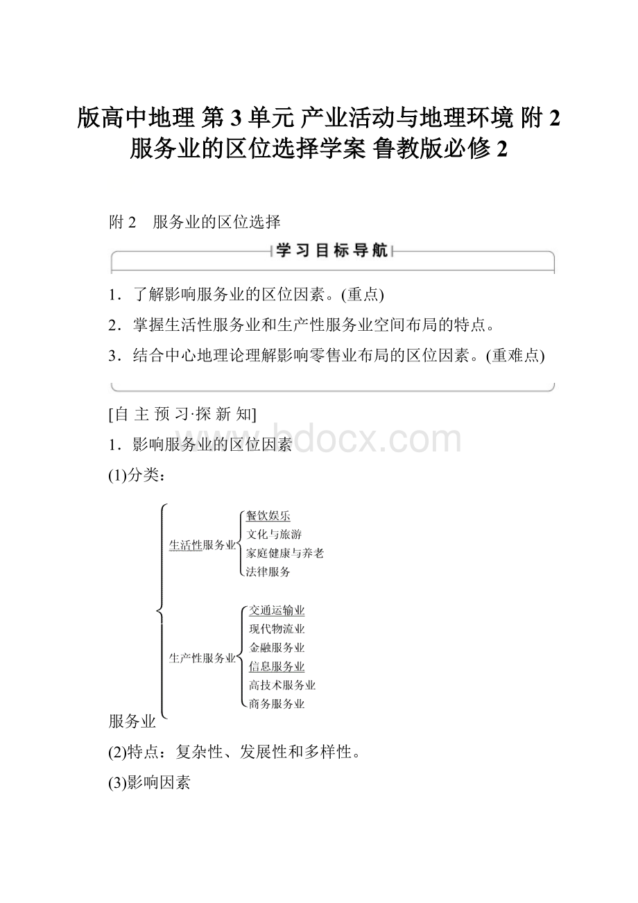 版高中地理 第3单元 产业活动与地理环境 附2 服务业的区位选择学案 鲁教版必修2.docx