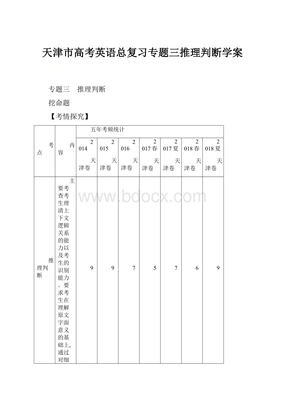 天津市高考英语总复习专题三推理判断学案.docx