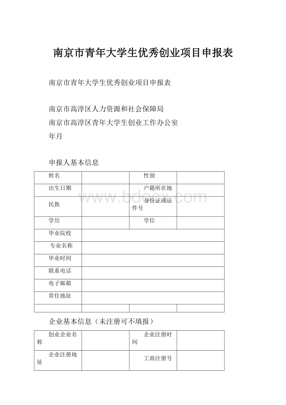 南京市青年大学生优秀创业项目申报表.docx_第1页