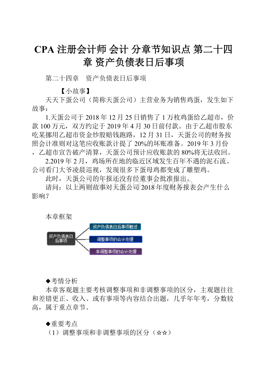 CPA 注册会计师 会计分章节知识点第二十四章 资产负债表日后事项.docx_第1页