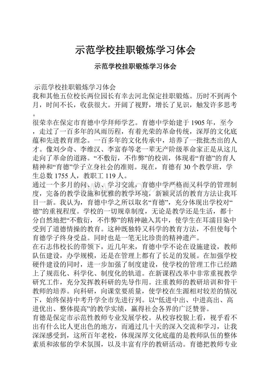 示范学校挂职锻炼学习体会.docx