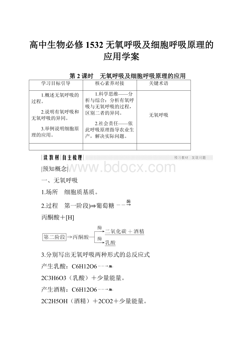 高中生物必修1532 无氧呼吸及细胞呼吸原理的应用学案.docx_第1页