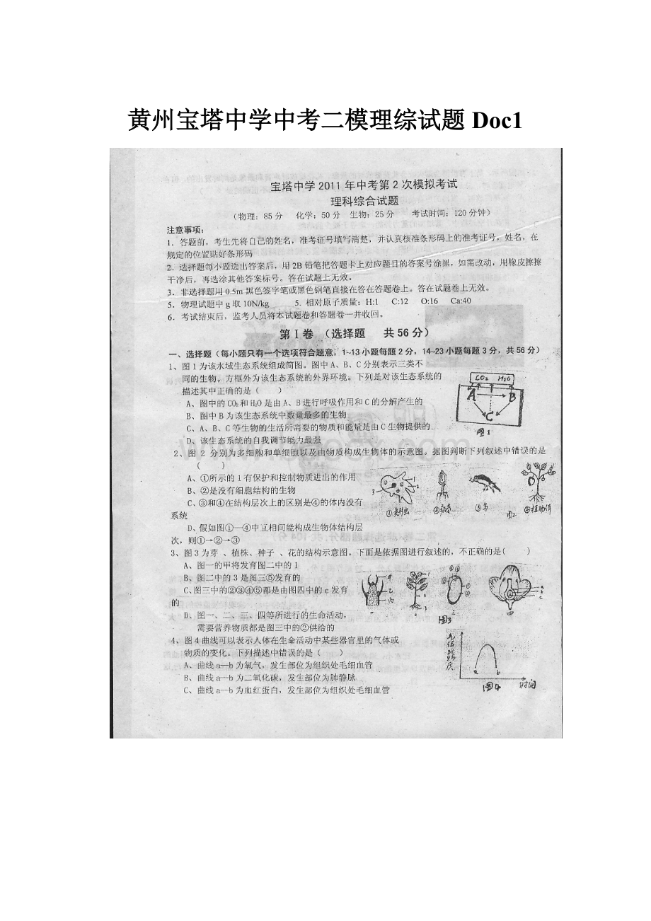 黄州宝塔中学中考二模理综试题Doc1.docx_第1页