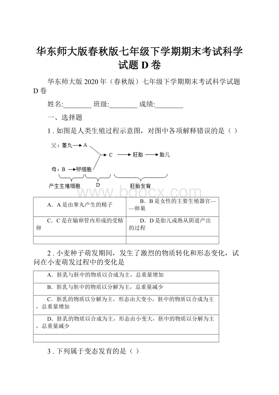 华东师大版春秋版七年级下学期期末考试科学试题D卷.docx_第1页