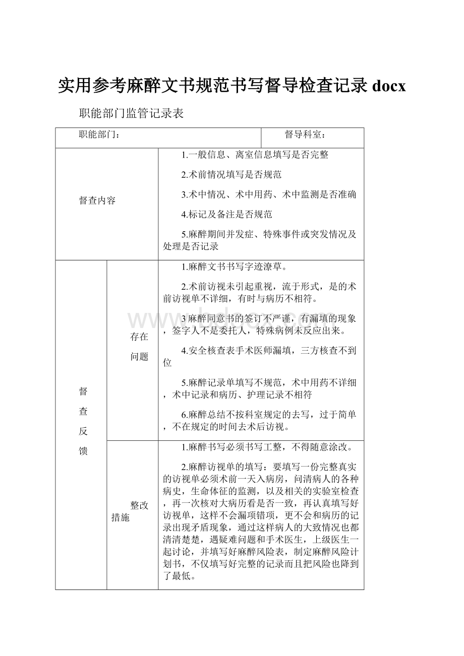 实用参考麻醉文书规范书写督导检查记录docx.docx_第1页