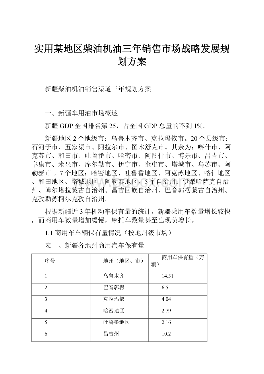 实用某地区柴油机油三年销售市场战略发展规划方案.docx