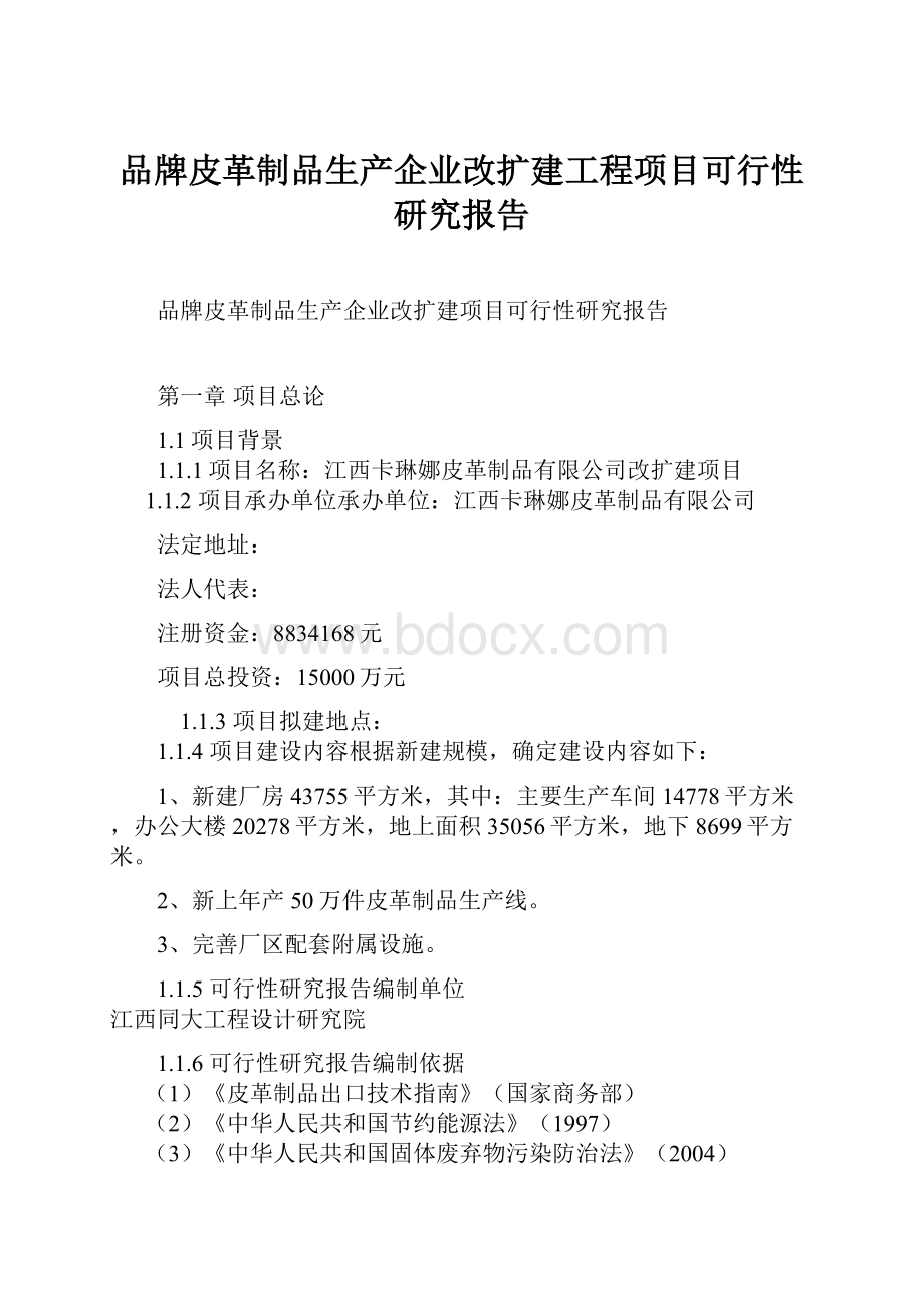 品牌皮革制品生产企业改扩建工程项目可行性研究报告.docx_第1页