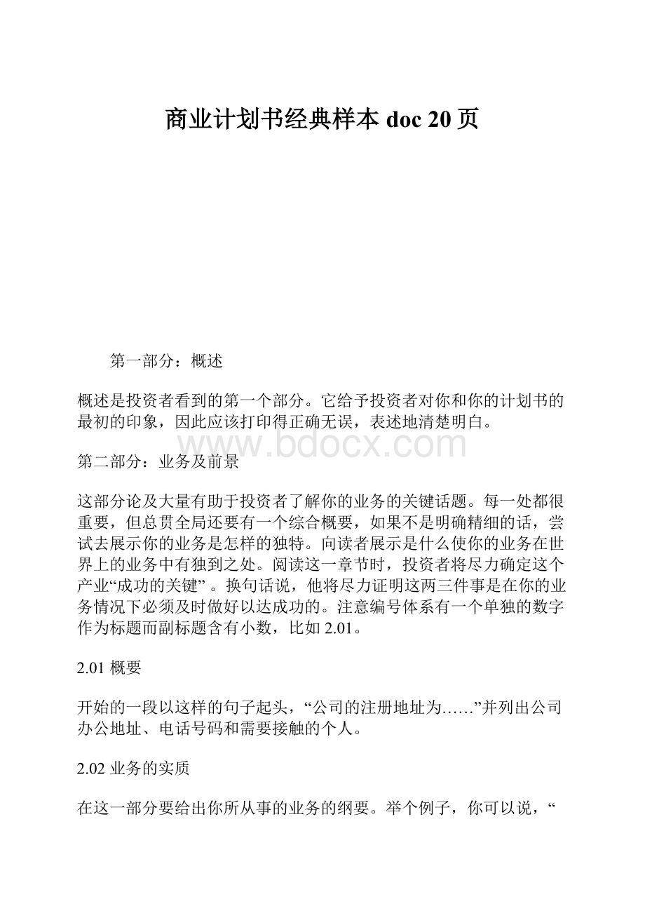 商业计划书经典样本doc 20页.docx