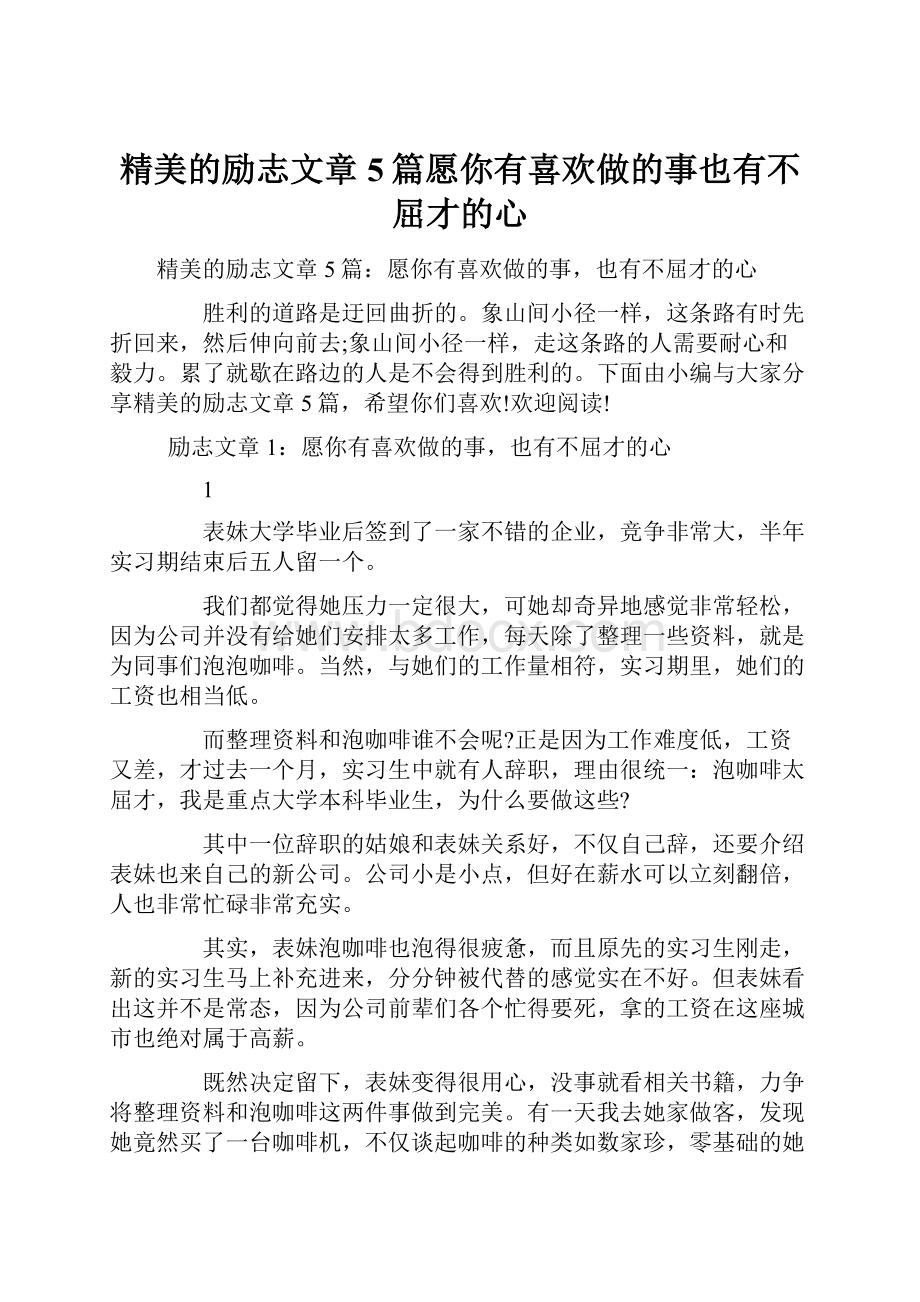 精美的励志文章5篇愿你有喜欢做的事也有不屈才的心.docx_第1页