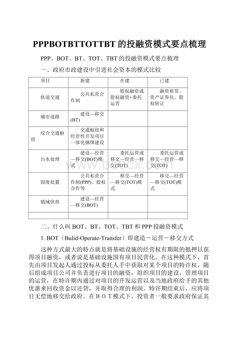 PPPBOTBTTOTTBT的投融资模式要点梳理.docx