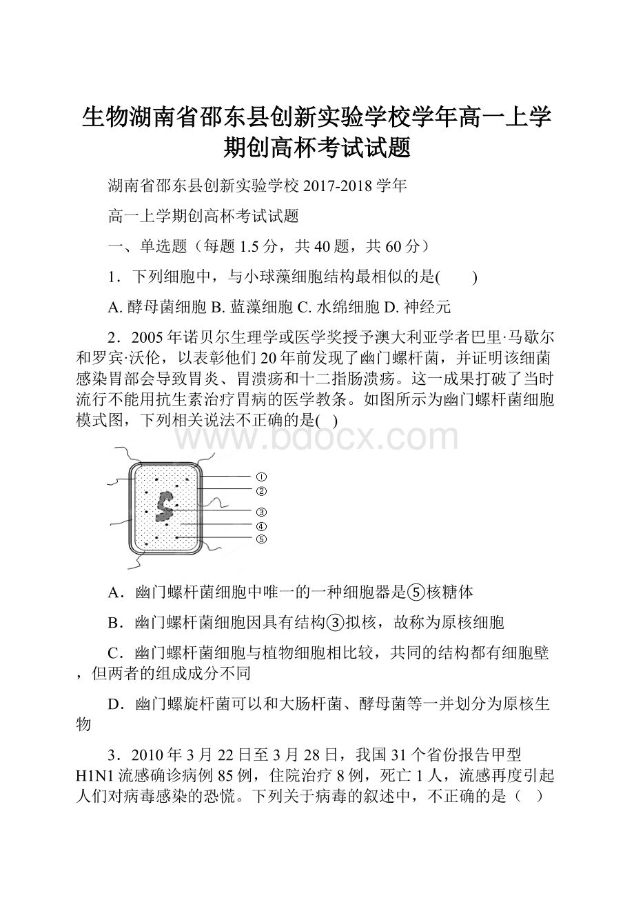 生物湖南省邵东县创新实验学校学年高一上学期创高杯考试试题.docx