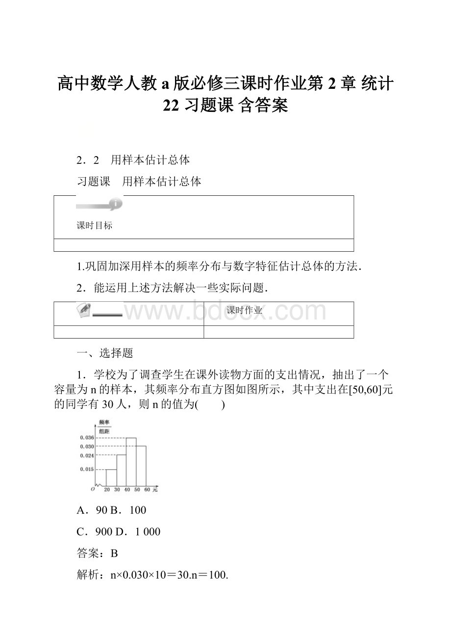 高中数学人教a版必修三课时作业第2章 统计 22 习题课 含答案.docx_第1页