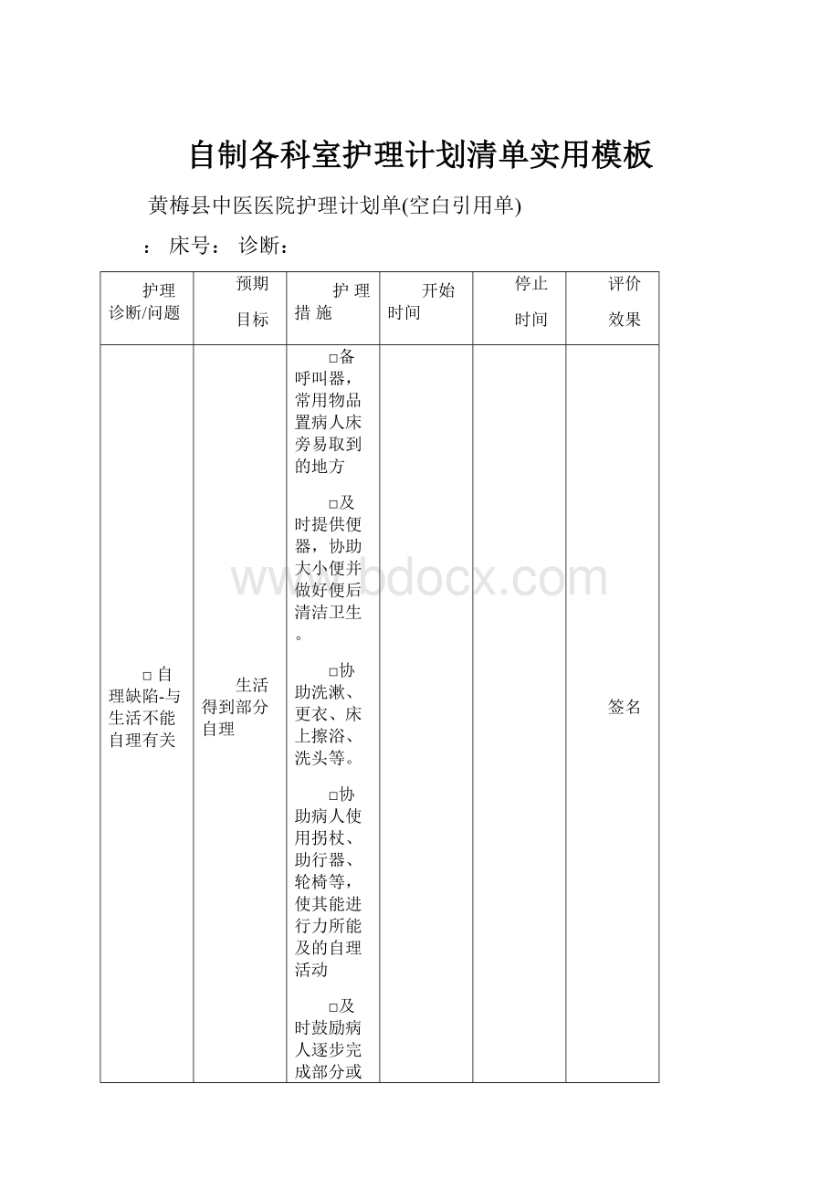 自制各科室护理计划清单实用模板.docx_第1页