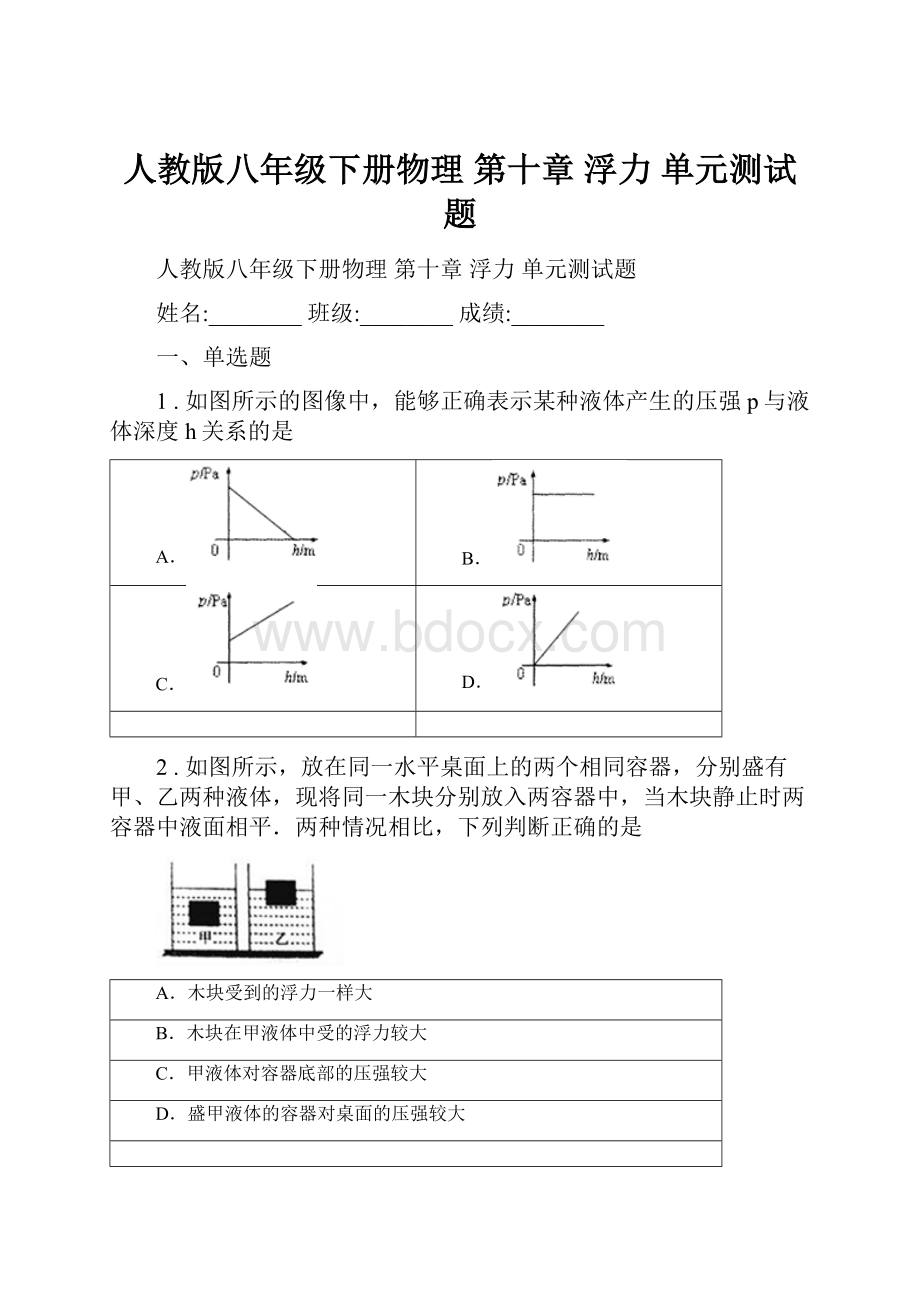 人教版八年级下册物理 第十章 浮力 单元测试题.docx