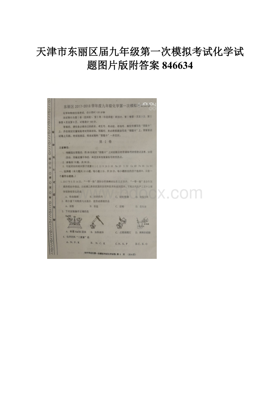 天津市东丽区届九年级第一次模拟考试化学试题图片版附答案846634.docx_第1页