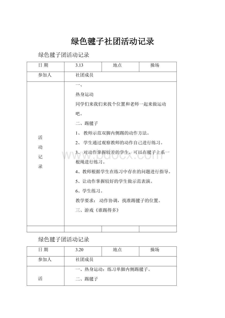 绿色毽子社团活动记录.docx_第1页