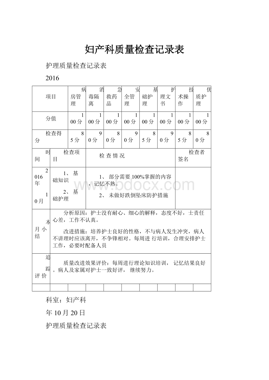 妇产科质量检查记录表.docx_第1页