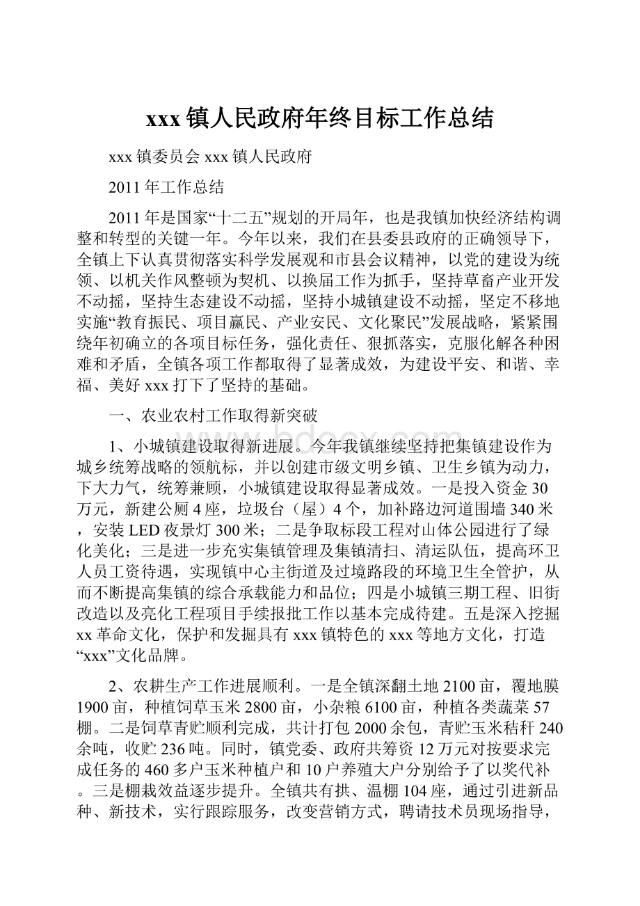 xxx镇人民政府年终目标工作总结.docx_第1页