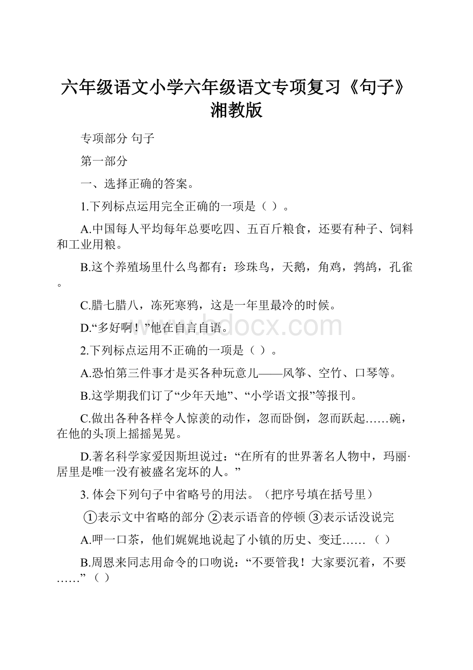 六年级语文小学六年级语文专项复习《句子》湘教版.docx_第1页