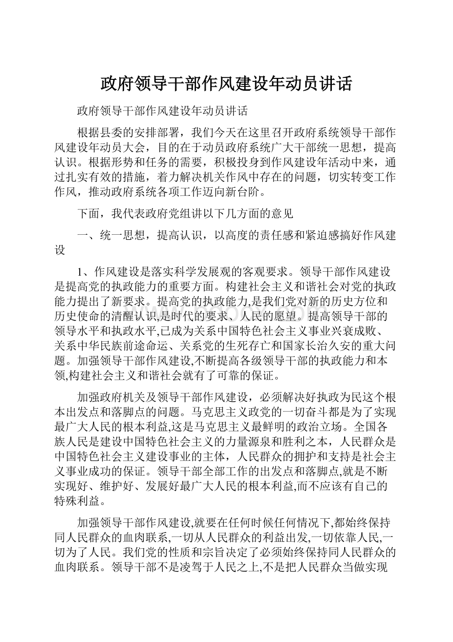 政府领导干部作风建设年动员讲话.docx