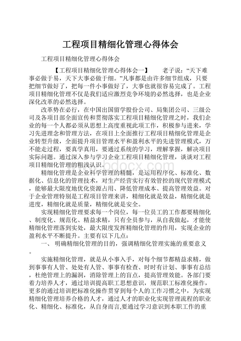 工程项目精细化管理心得体会.docx_第1页