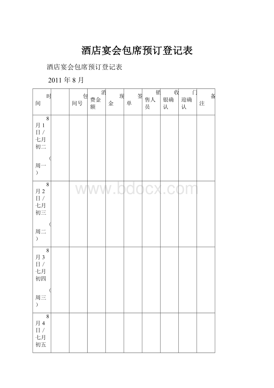 酒店宴会包席预订登记表.docx