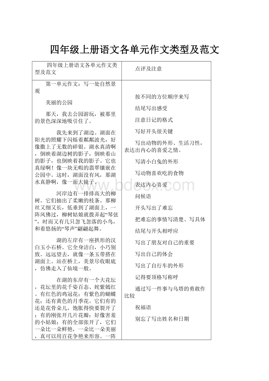 四年级上册语文各单元作文类型及范文.docx