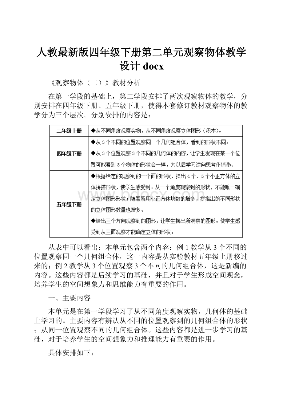 人教最新版四年级下册第二单元观察物体教学设计docx.docx_第1页