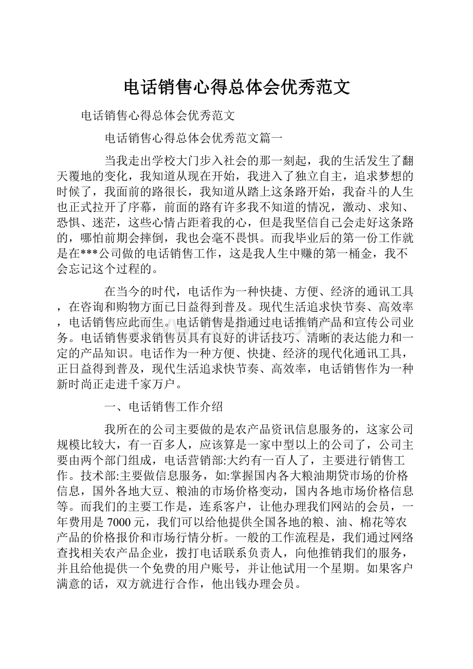 电话销售心得总体会优秀范文.docx