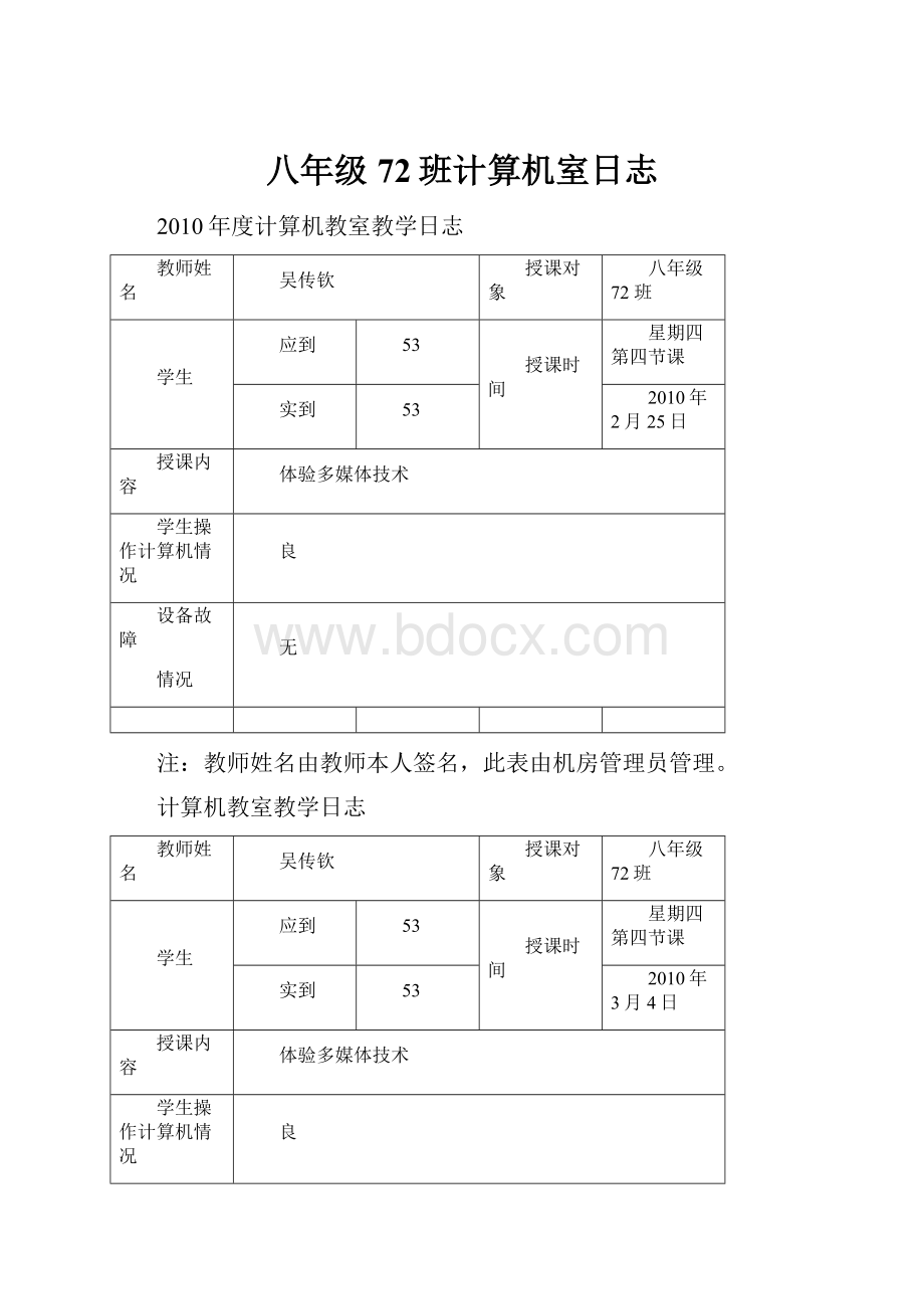 八年级72班计算机室日志.docx_第1页