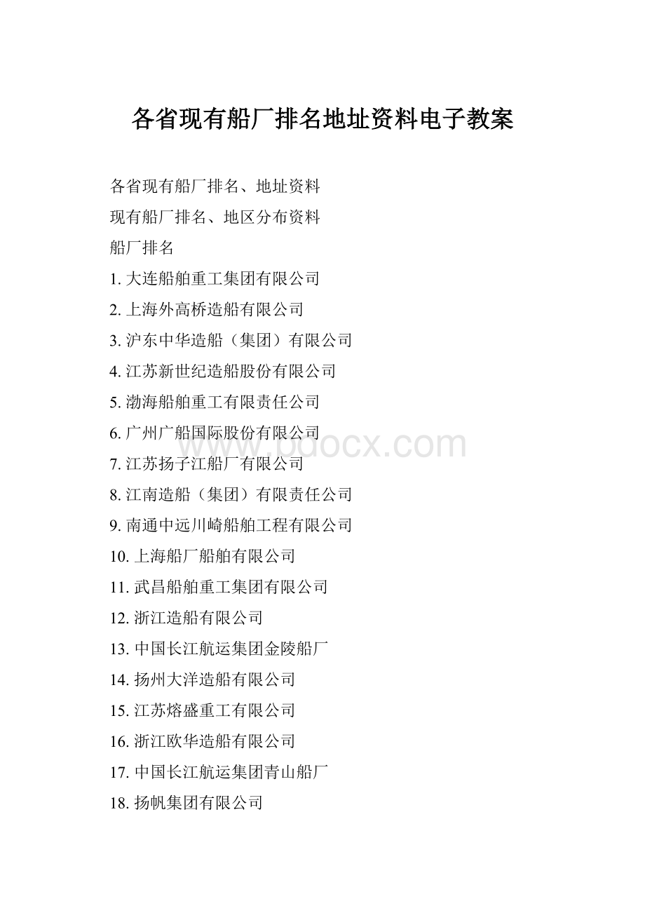 各省现有船厂排名地址资料电子教案.docx_第1页